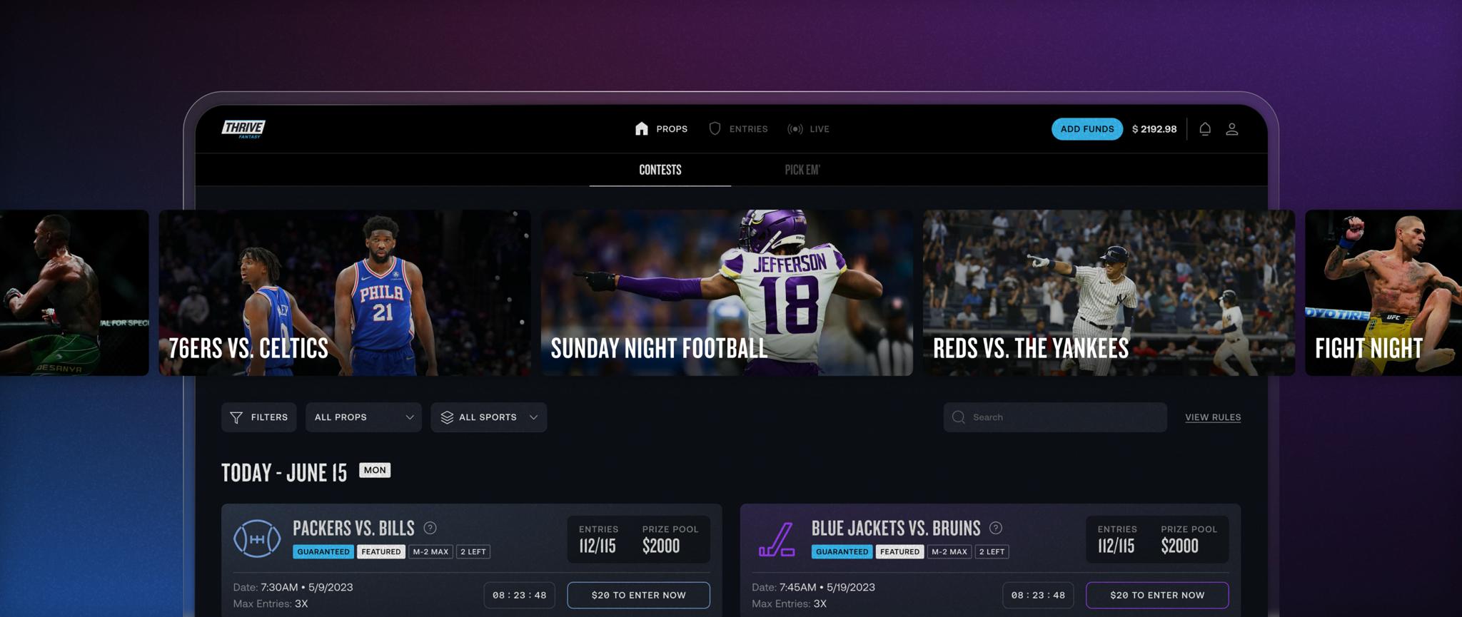 ThriveFantasy contest dashboard with 76ers vs Celtics and Sunday Night Football matchup cards