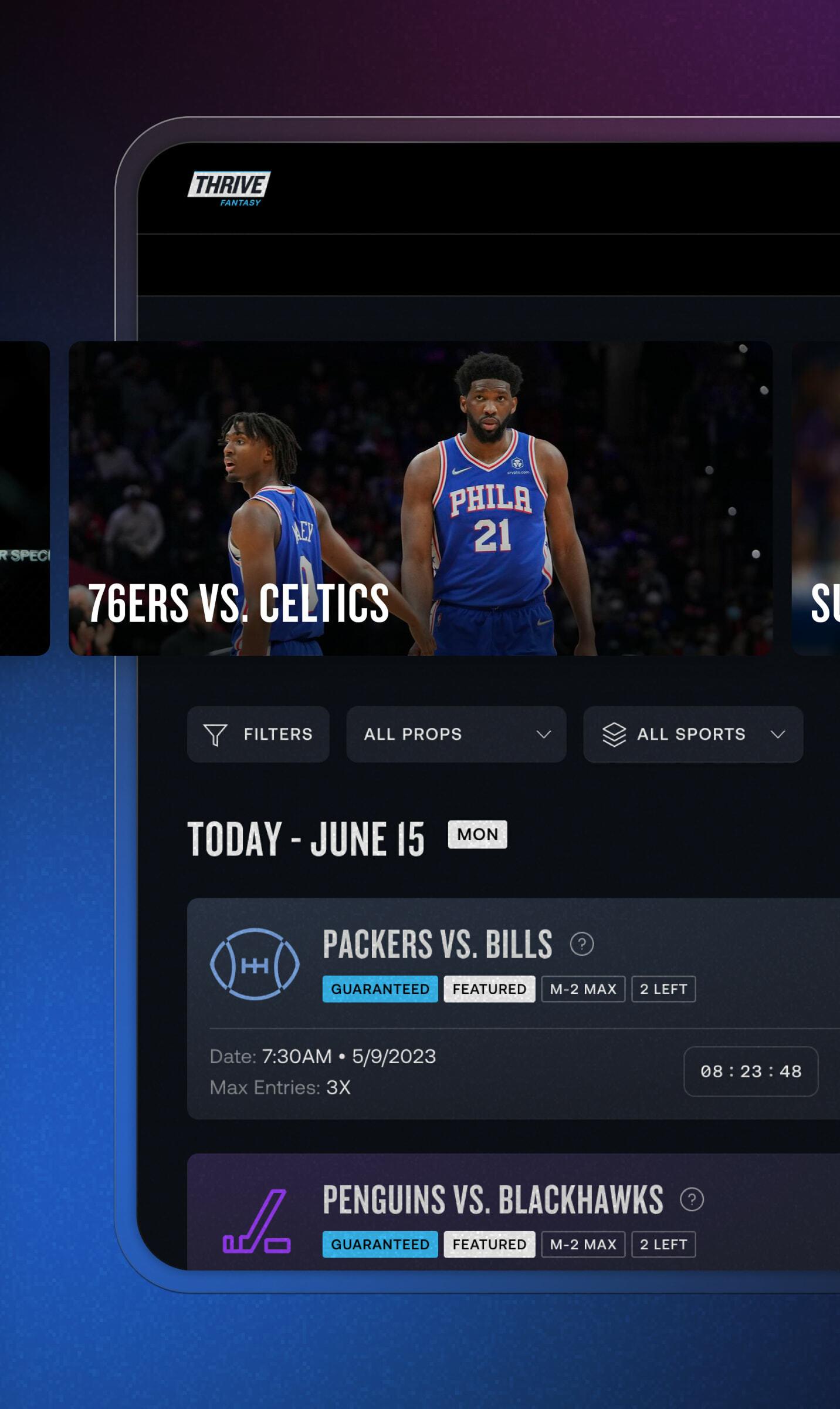 ThriveFantasy contest dashboard with 76ers vs Celtics and Sunday Night Football matchup cards