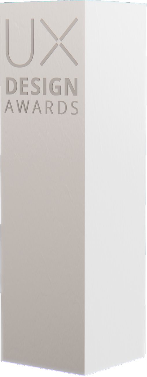 Tall white UX Design Awards trophy with gray lettering