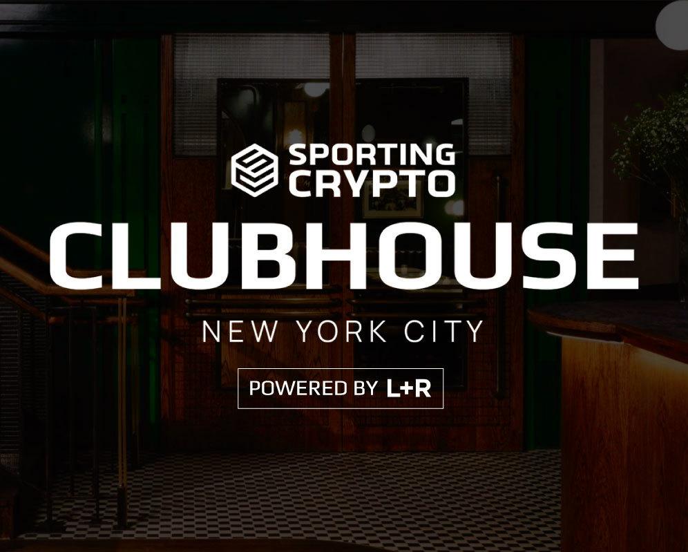 Sporting Crypto Clubhouse New York City powered by L+R over a dim bar entrance