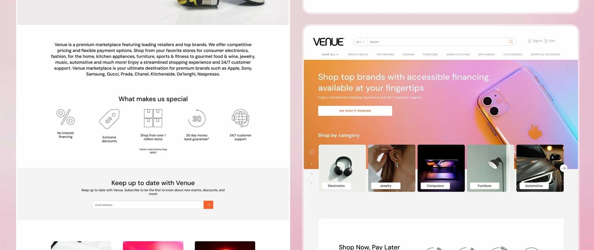 Venue homepage and footer mockups with newsletter, category cards, and pay-later section