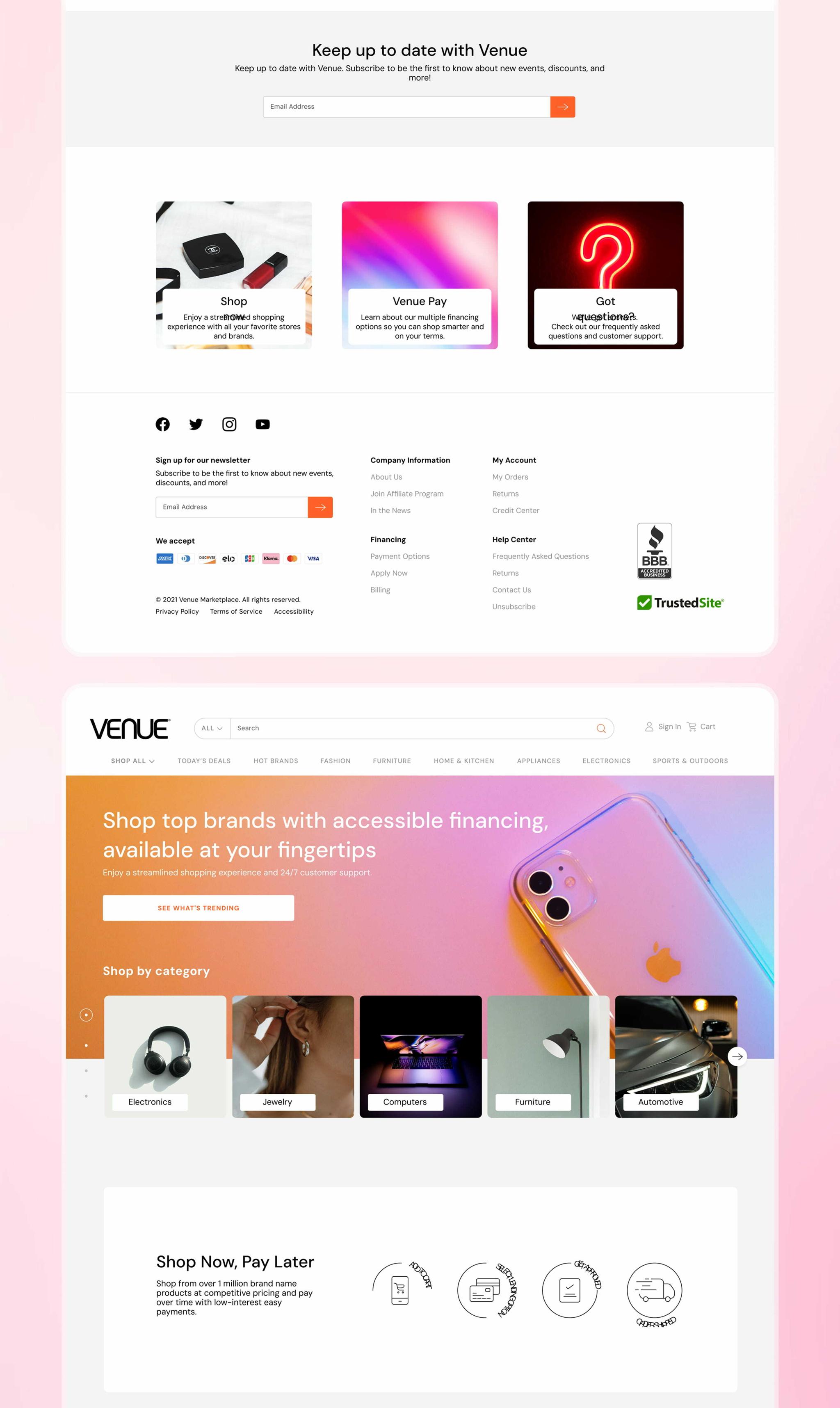 Venue homepage and footer mockups with newsletter, category cards, and pay-later section