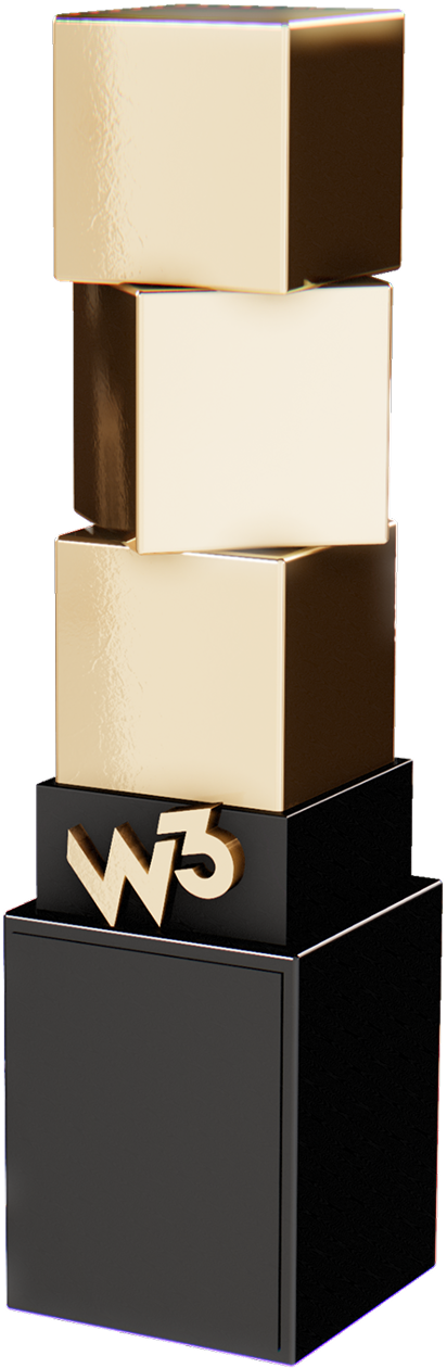 Black and gold stacked cube trophy with a W3 logo on the base
