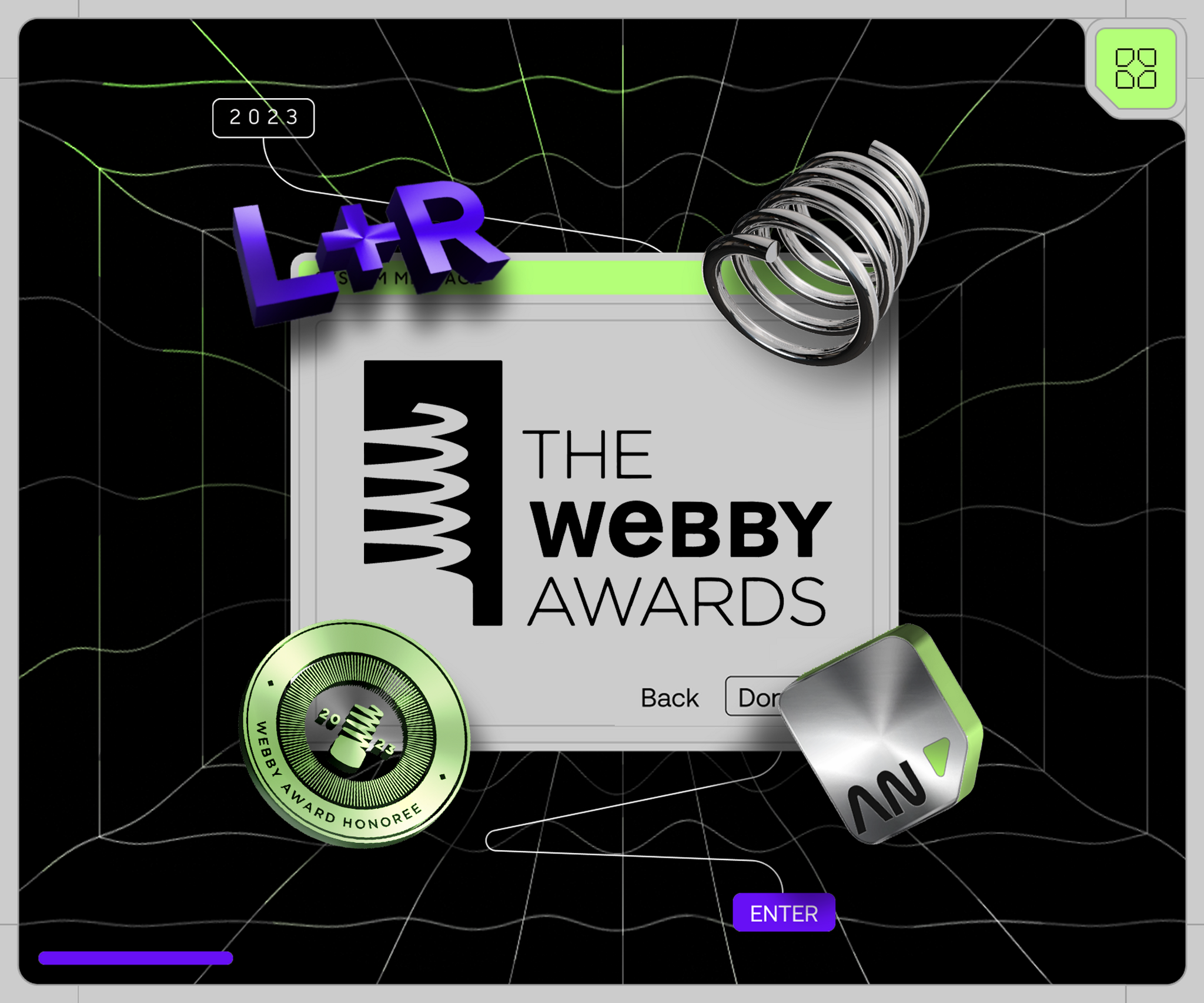 The Webby Awards 2023 honoree graphic with L+R and Advanced Narratives 3D elements.