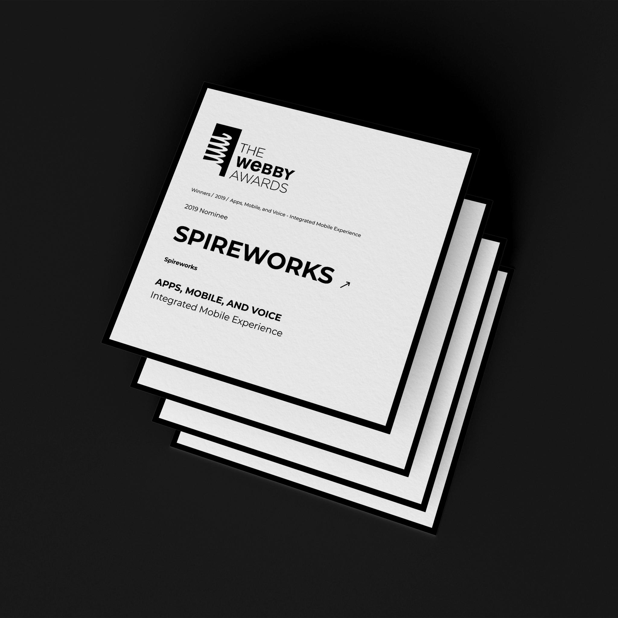 Stack of The Webby Awards 2019 nominee cards for Spireworks