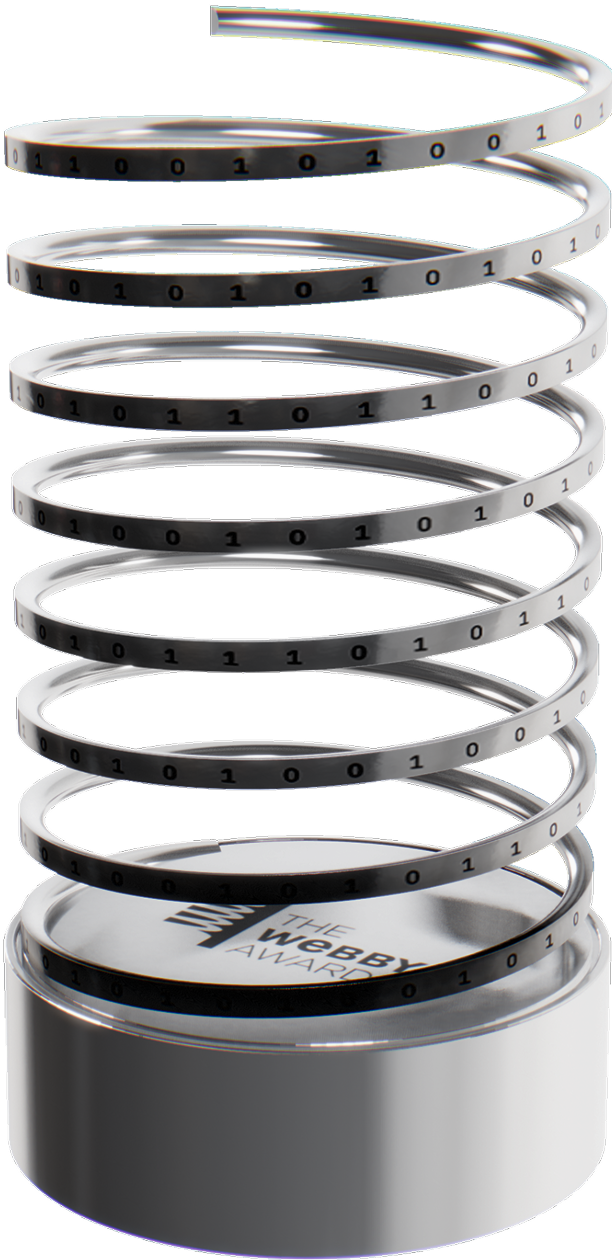 Metal spiral trophy with binary digits and "The Webby Awards" on the base