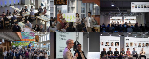 Collage of workshops, panels, presentations, and group events in conference settings