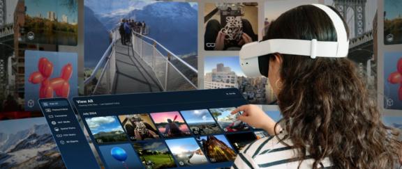 Media View D Cover Person in a VR headset interacting with a large floating photo gallery interface