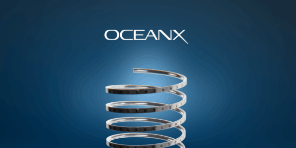 Ocean X OCEANX logo above a metallic spiral band on a blue gradient background