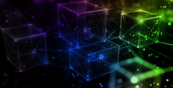 Glowing wireframe cubes on a dark digital background