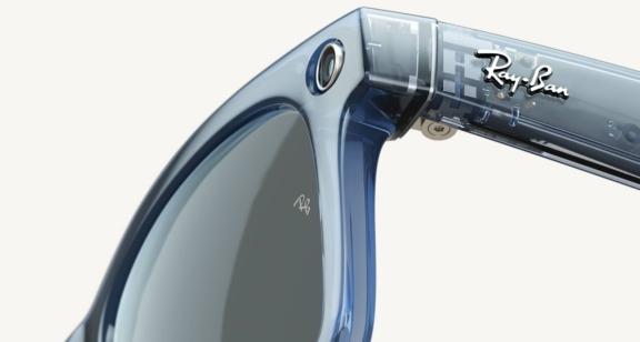 Close-up of translucent blue Ray-Ban smart glasses hinge