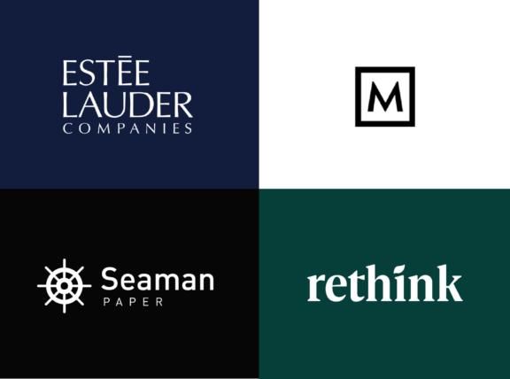 Este Lauder Companies, M, Seaman Paper, and rethink logos in a four-quadrant grid