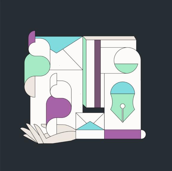 Square abstract illustration with envelopes, pen nibs, hands, and pastel shapes