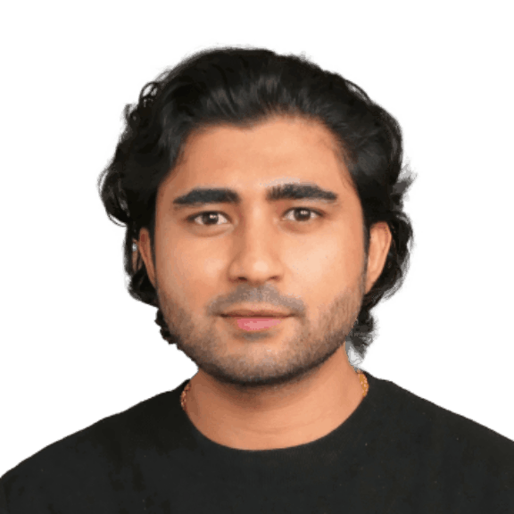 Abhi min Man with shoulder-length dark hair in a black shirt on a green background