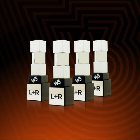 Four stacks of cubes labeled W3 and L+R on a dark orange patterned background