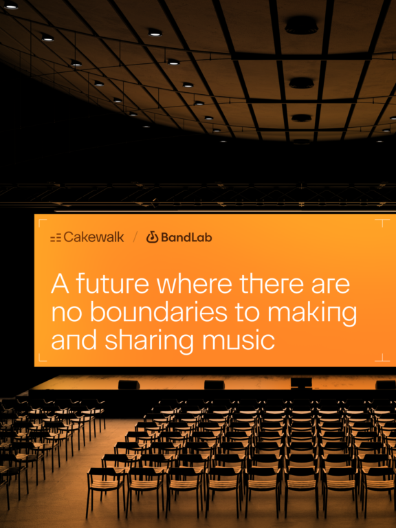 Hero Image M Wide auditorium view with orange Cakewalk and BandLab presentation screen