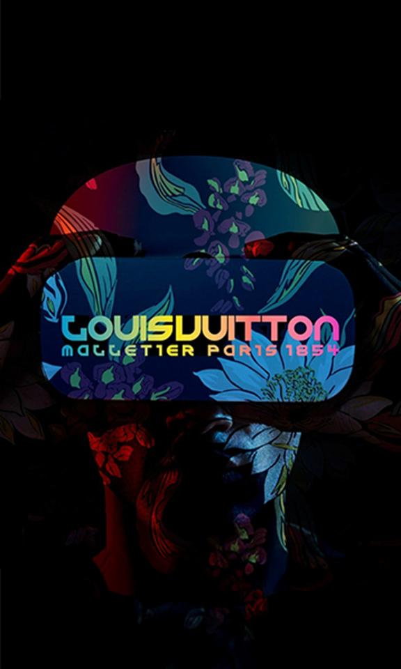 LV M Cover Louis Vuitton-branded floral virtual reality headset in dramatic lighting