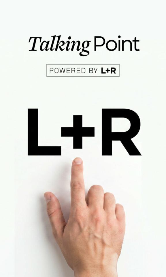 Talking Point Hero Mobile Talking Point title card: a finger points up at the L+R wordmark