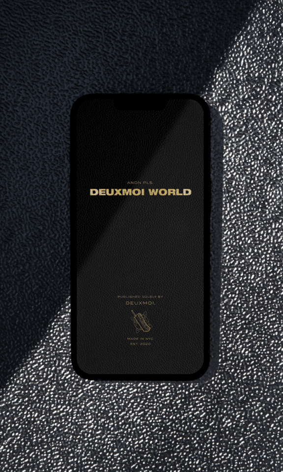 Headerm Phone with Deuxmoi World splash screen on textured black surface