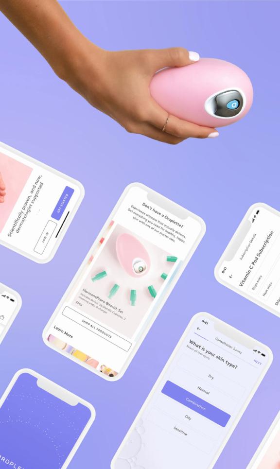 Droplette M Cover Hand holding a pink device with floating mobile app screens