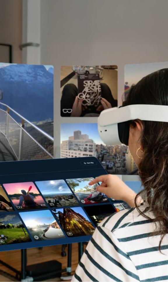 Media View M Cover Person in a VR headset interacting with a large floating photo gallery interface