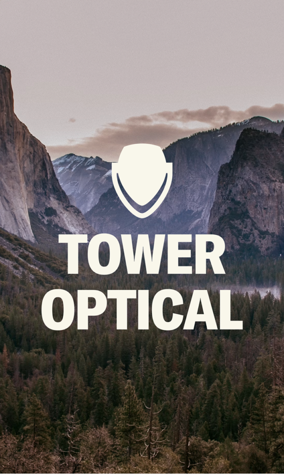 Tower Optical Mobile Cover Tower Optical logo over a mountain valley landscape.