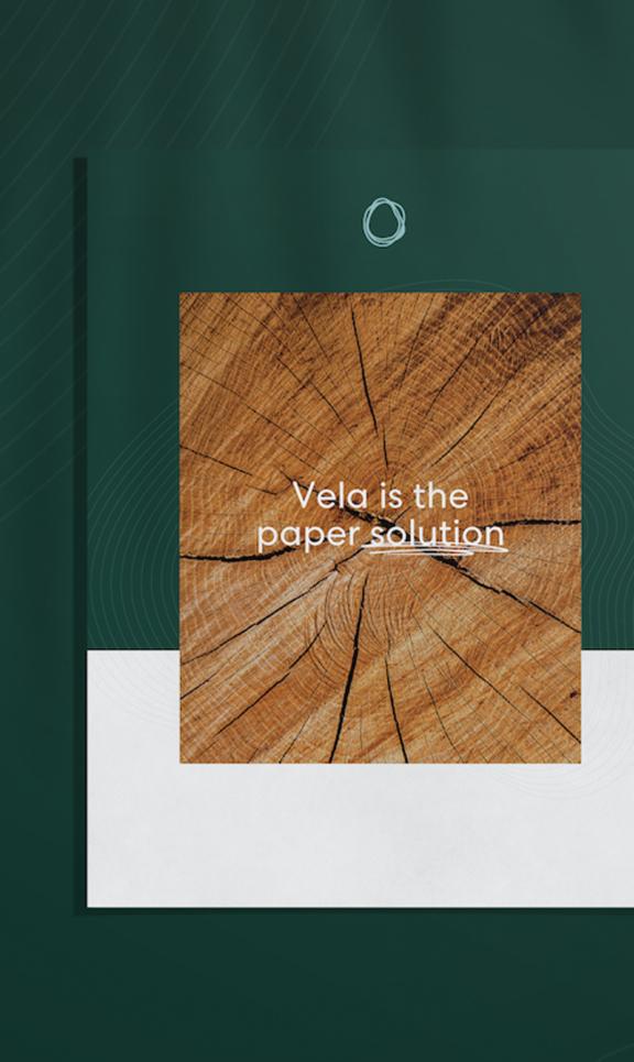 Vela M Cover Green paper packaging mockup with wood grain insert reading "Vela is the paper solution"
