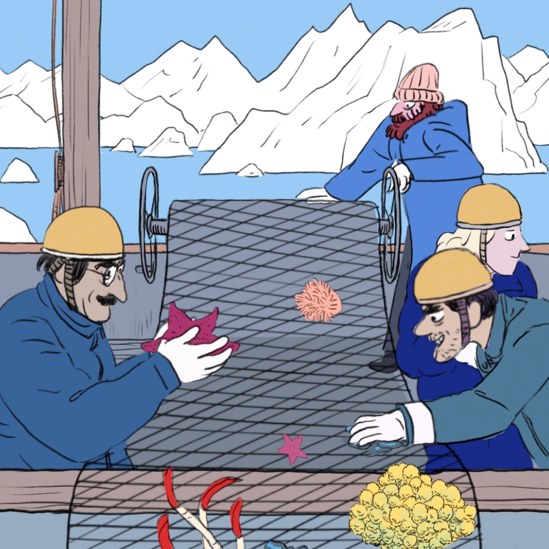 Illustration of workers sorting sea creatures on a conveyor near icebergs