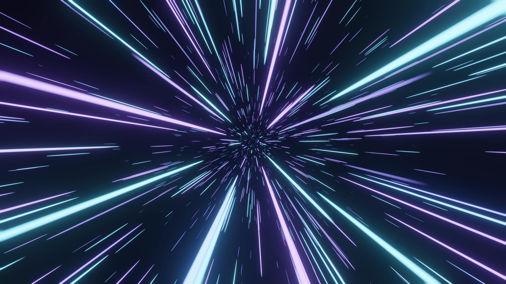 Neon blue and purple light streaks radiating from a central point