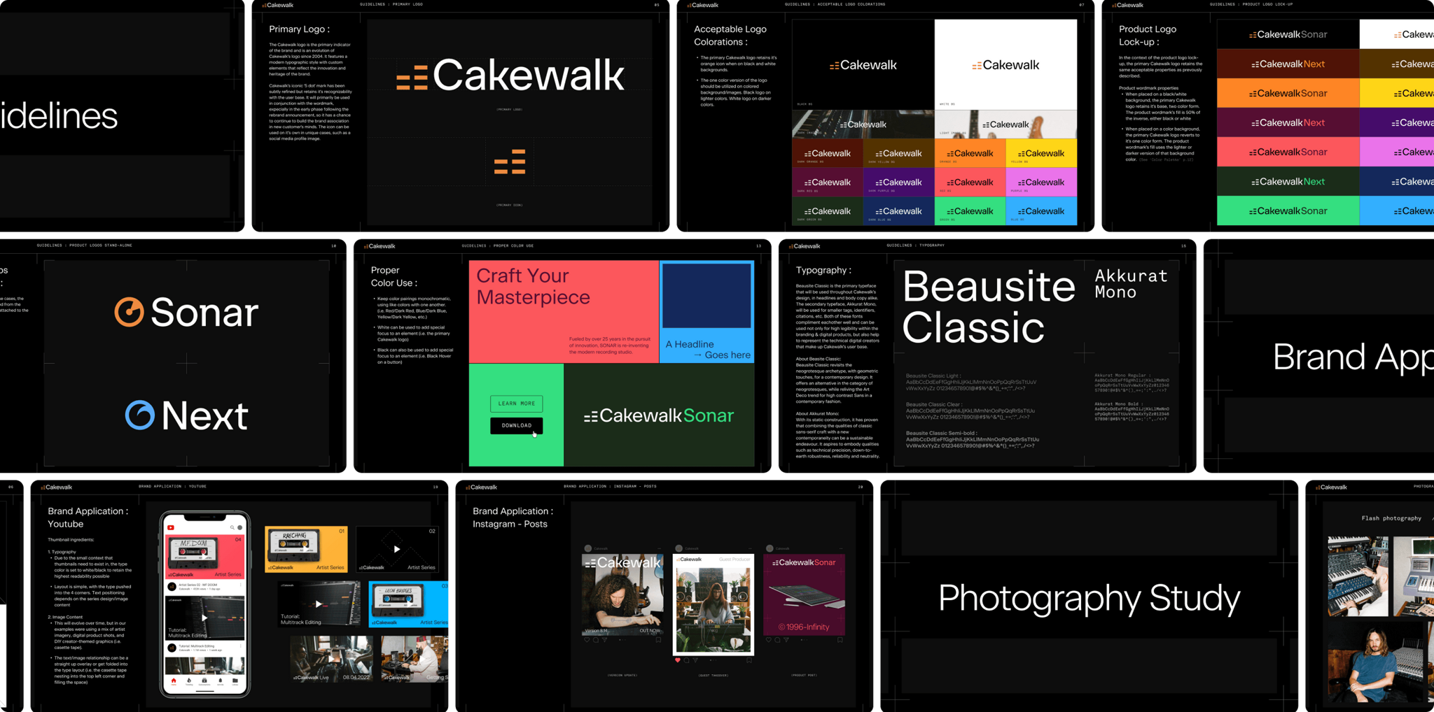 Cakewalk brand guideline boards showing logo, colour and typography rules