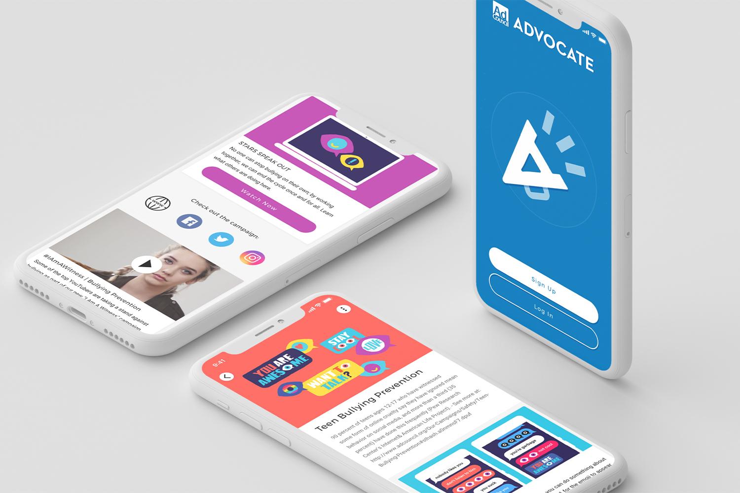 Advocate app screens for sign-in, a campaign feed and teen bullying prevention