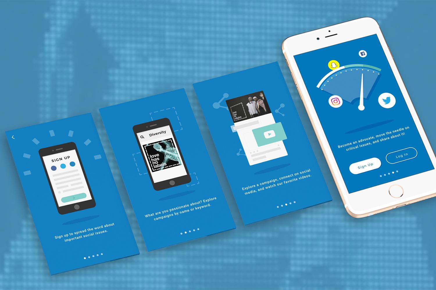 Advocate onboarding screens explaining campaigns, sharing and the sign-up meter