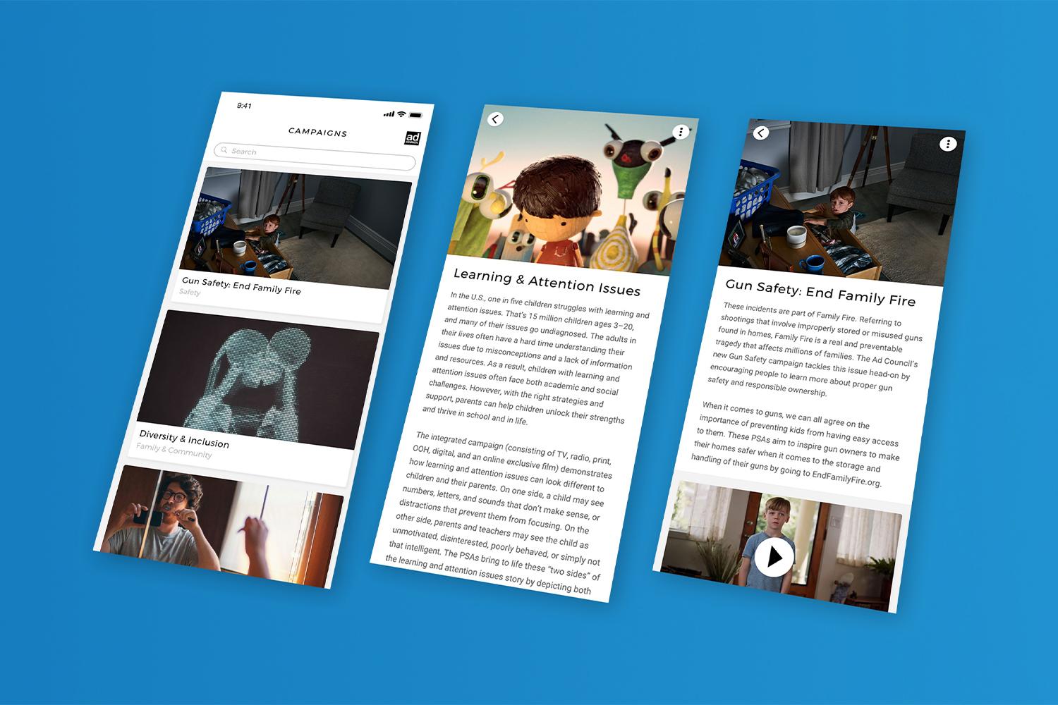 Three mobile app screens showing campaign cards and article pages on a blue background