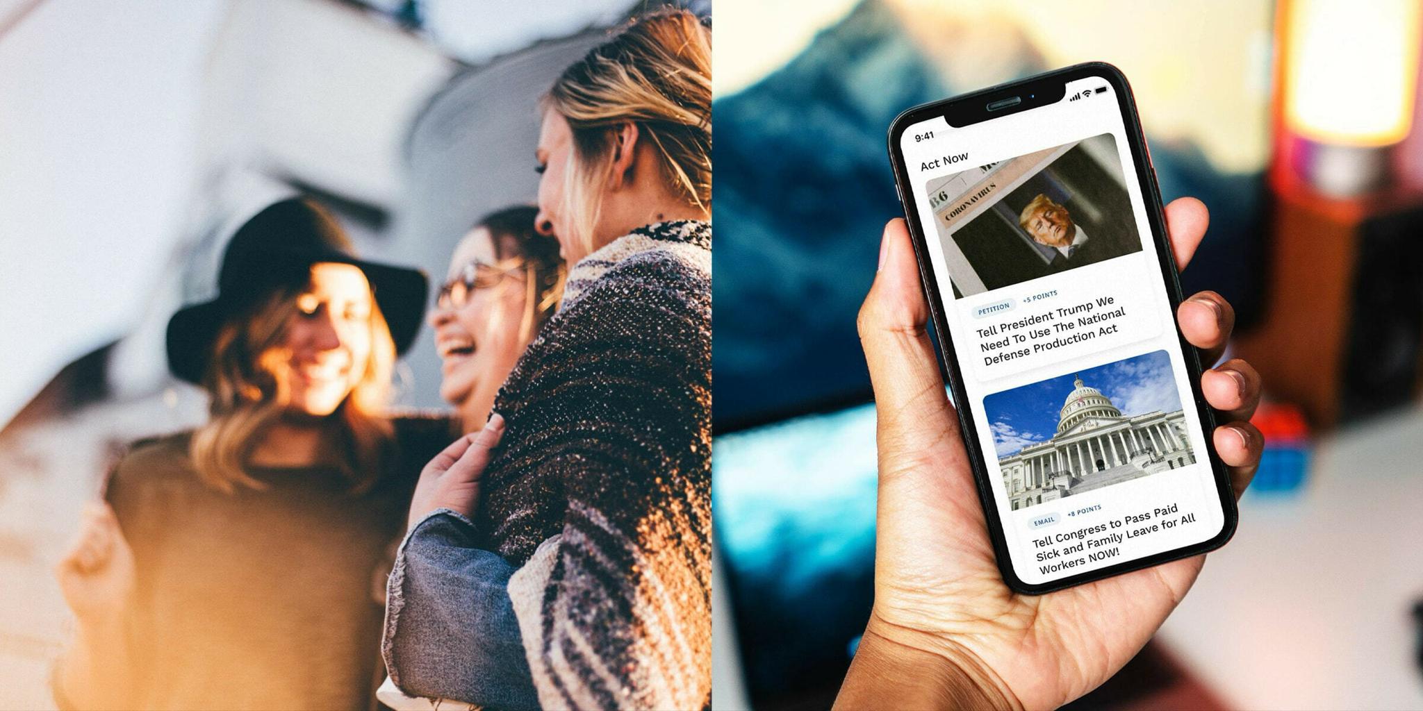 Friends laughing beside a hand holding a phone on the Act Now petition feed