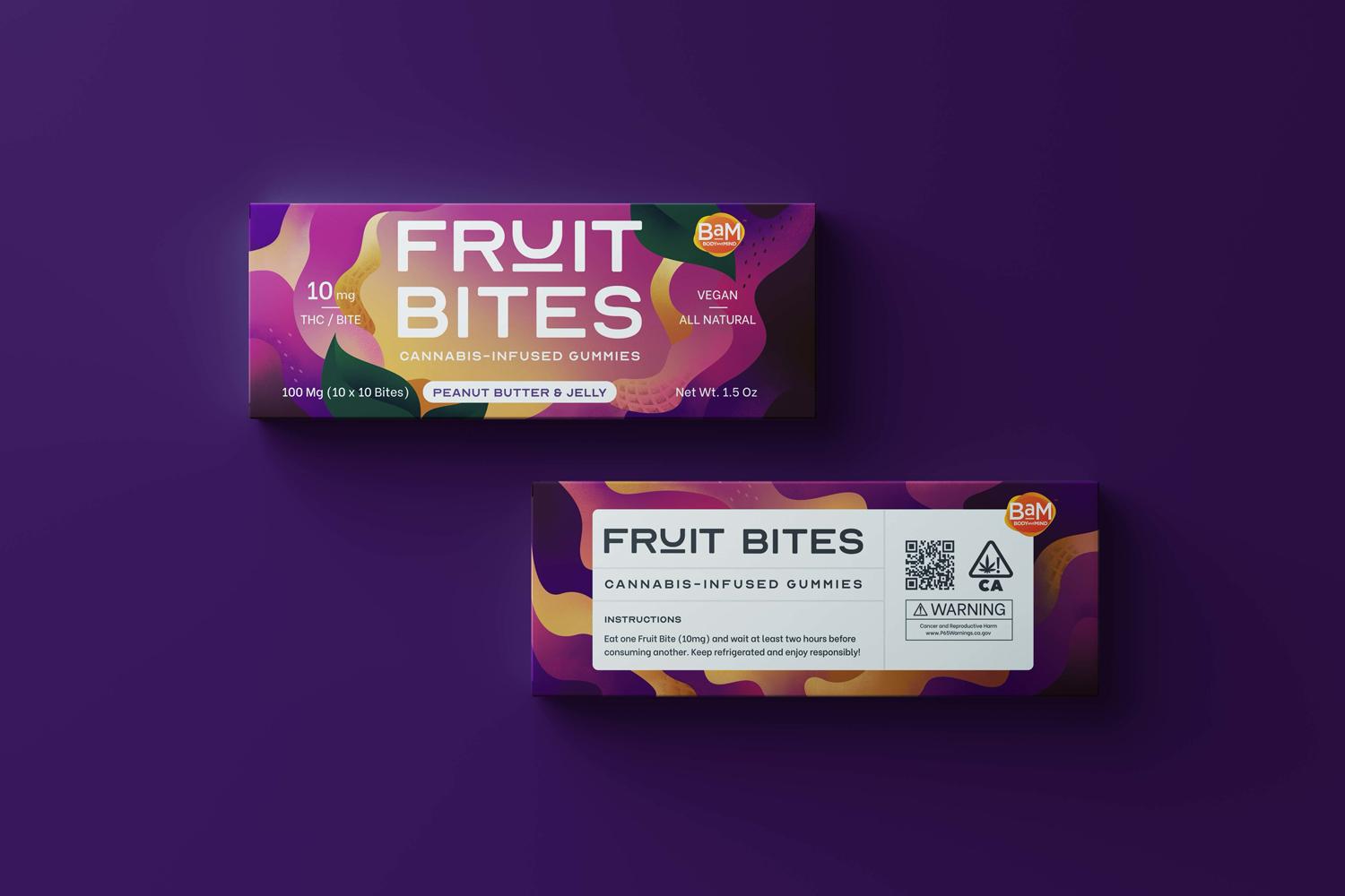Fruit Bites cannabis-infused gummies packaging in peanut butter and jelly flavor on purple background