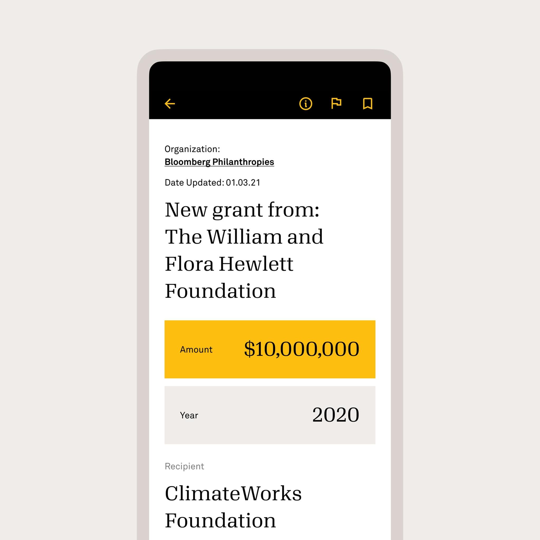 Candid grant screen showing a $10,000,000 Hewlett Foundation grant to ClimateWorks Foundation