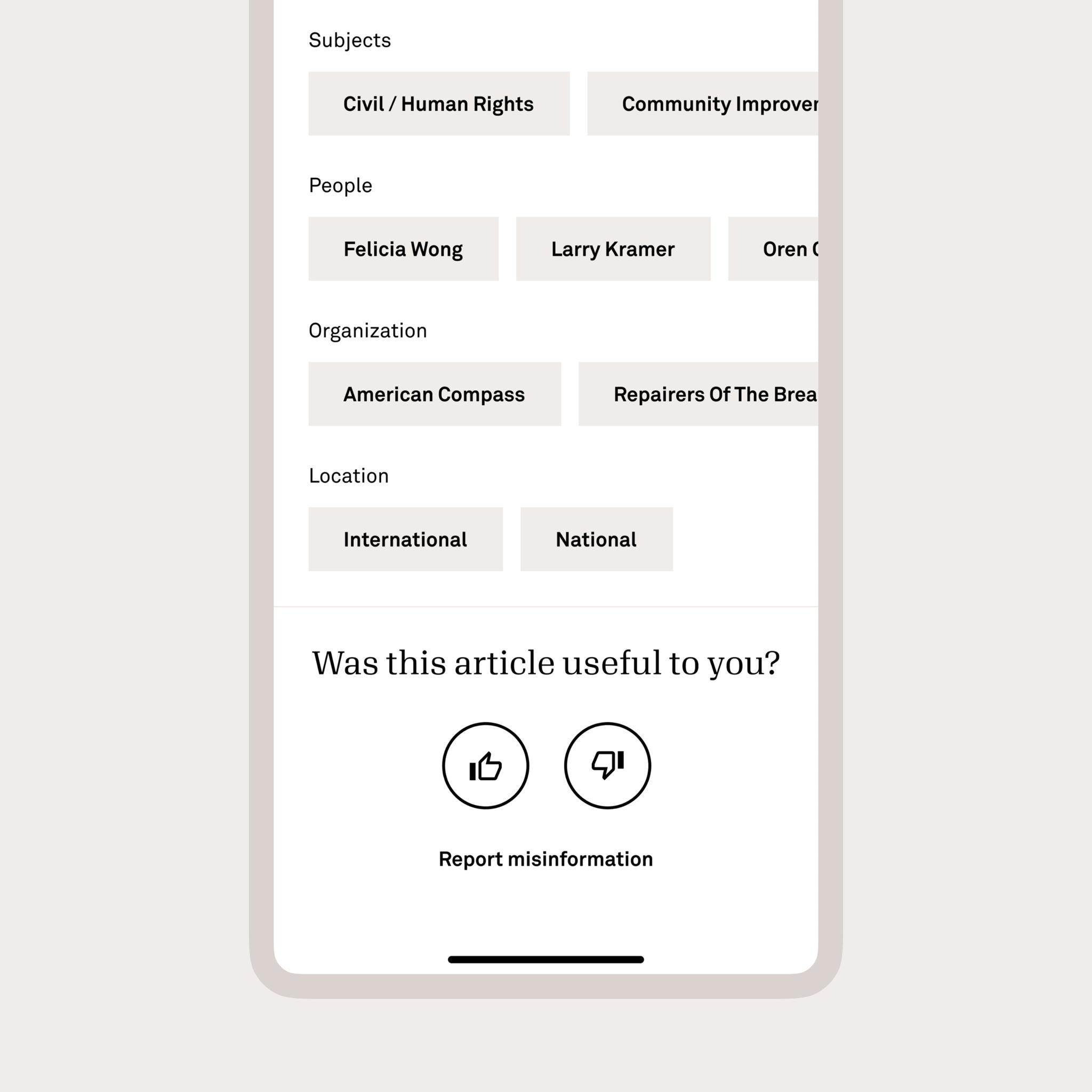 Candid article feedback screen with subject, people and organization tags and thumbs up or down