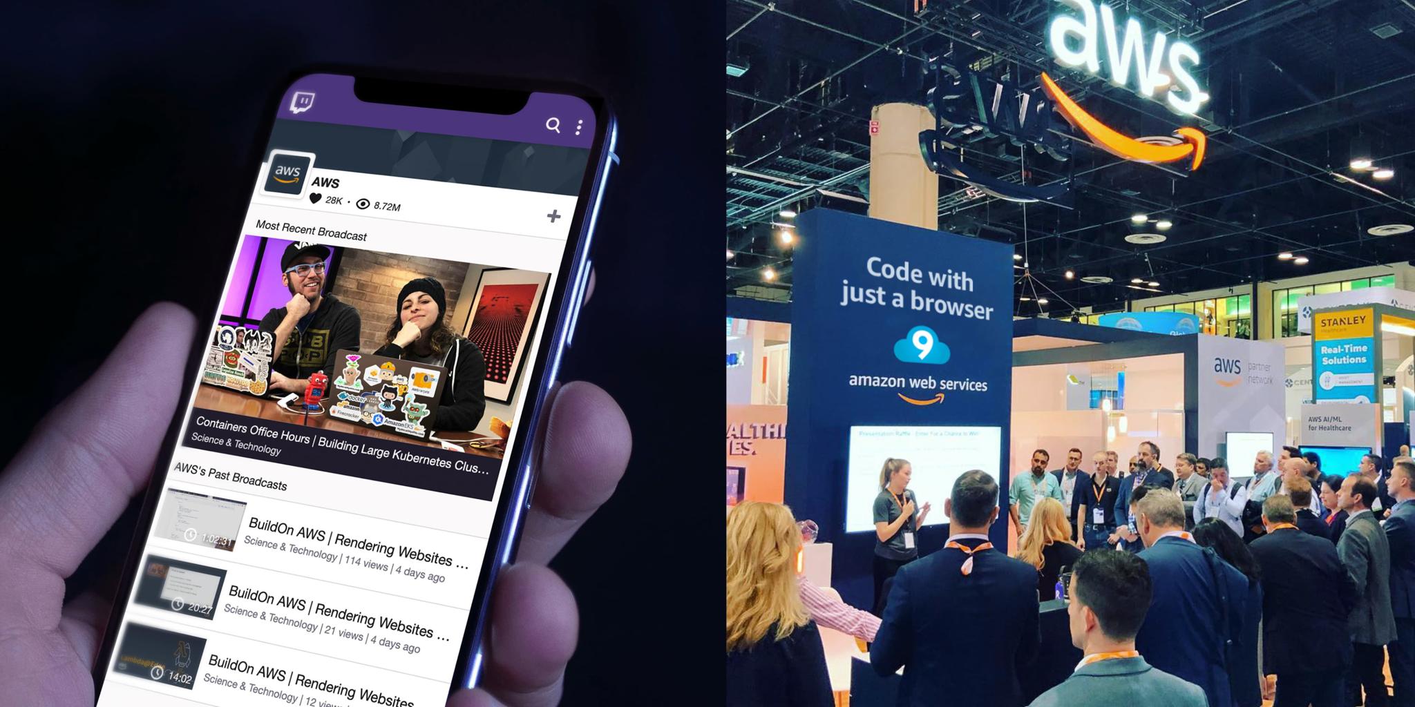 Hand holding phone with AWS video feed beside a busy AWS conference booth
