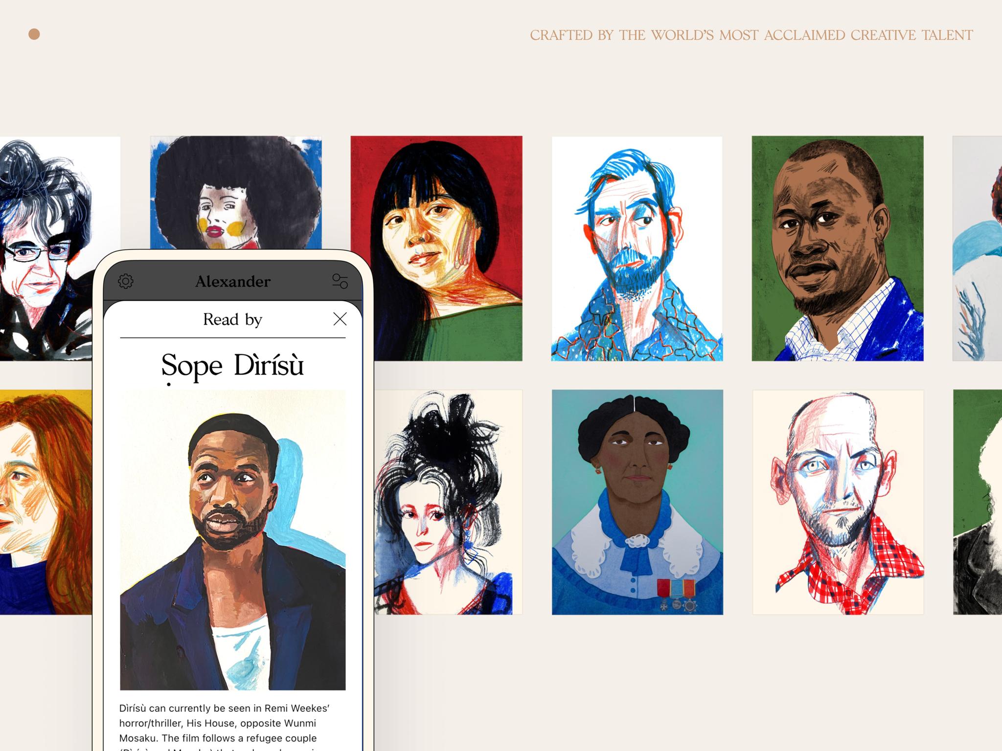 Illustrated narrator portraits with an app screen introducing reader Sope Dirisu
