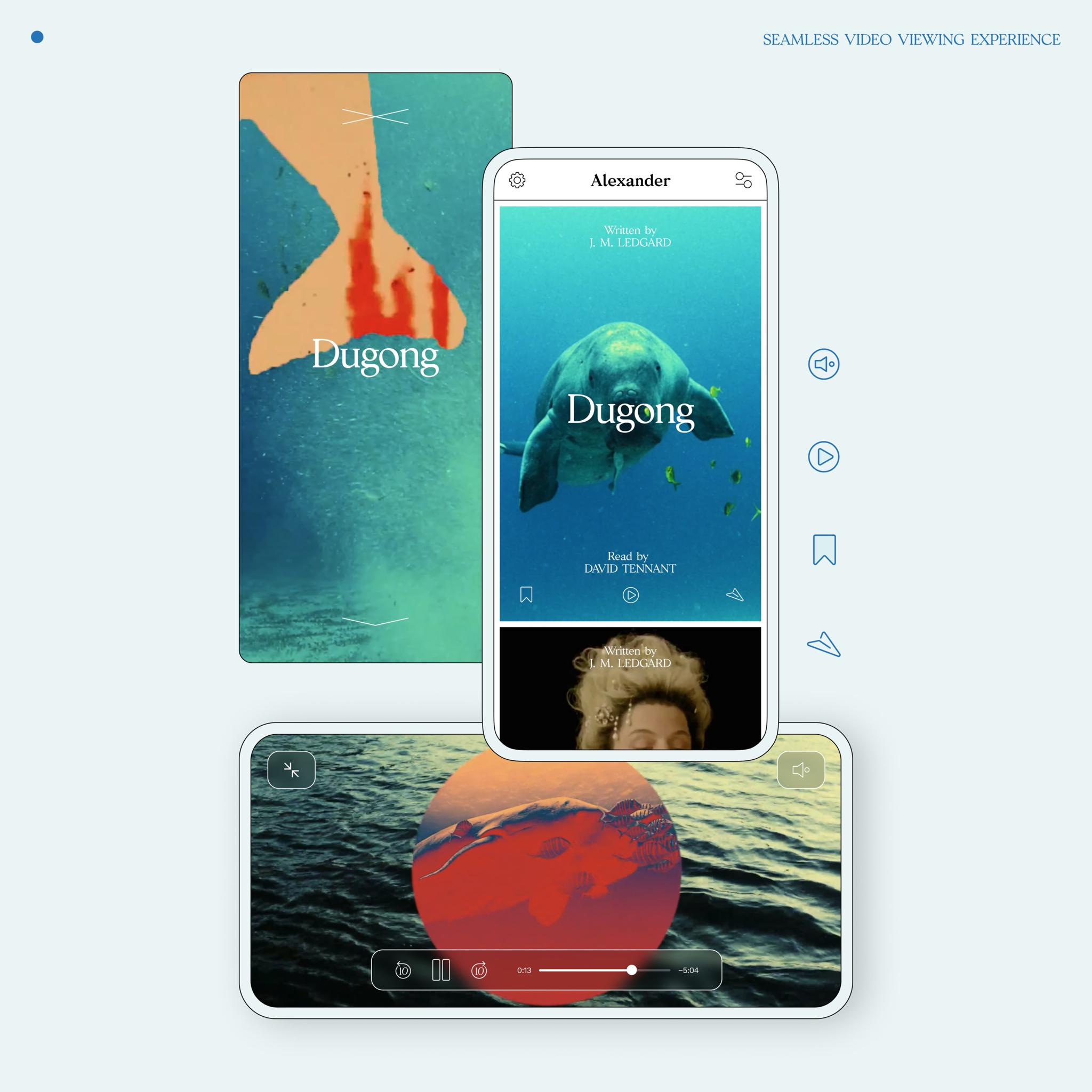Alexander app screens for the story "Dugong" beside a landscape video player