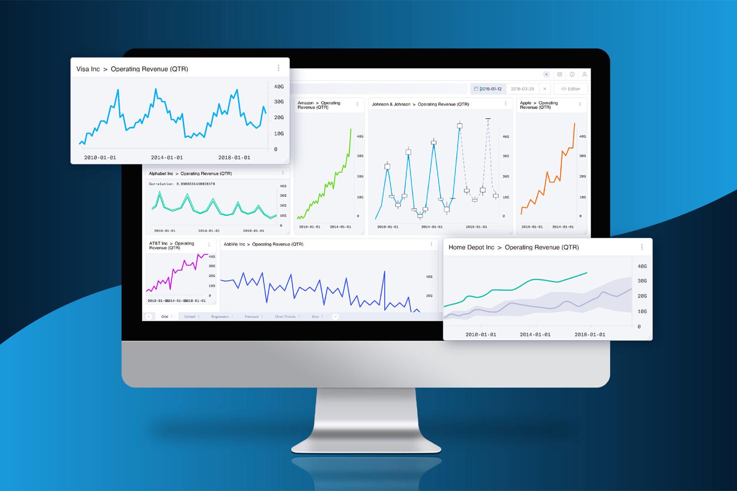 Desktop monitor with floating operating-revenue charts on a blue background