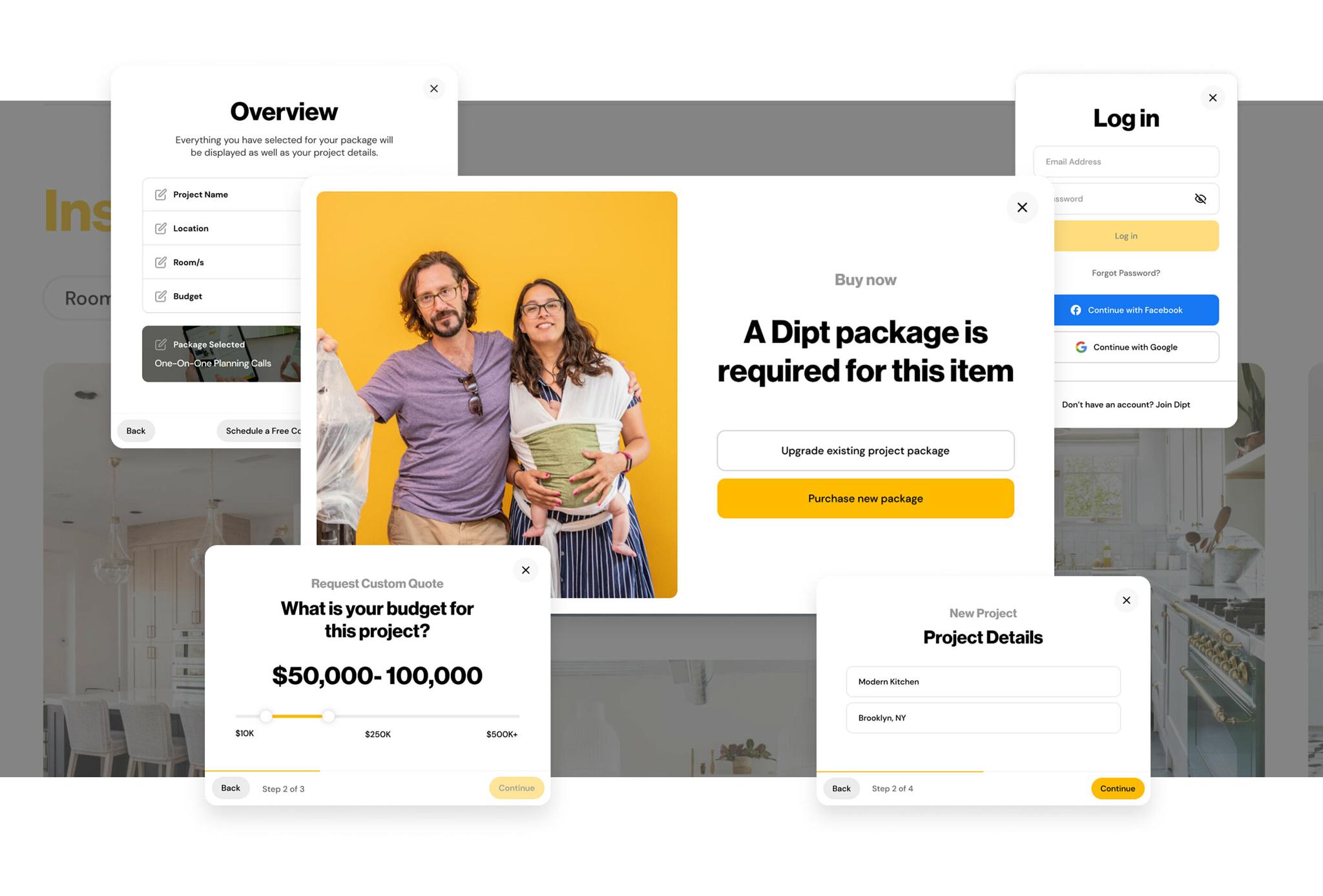 Dipt modal screens for login, project details, package purchase, and budget request