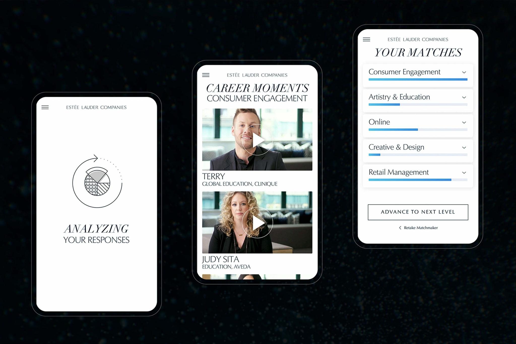 Three mobile screens showing survey analysis, career content, and results