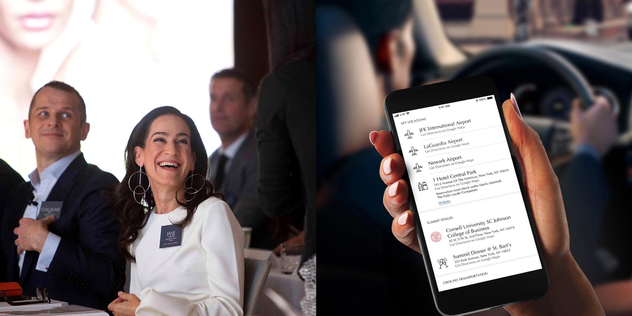 Summit attendees laughing beside a phone showing a Lyft ride to the venue
