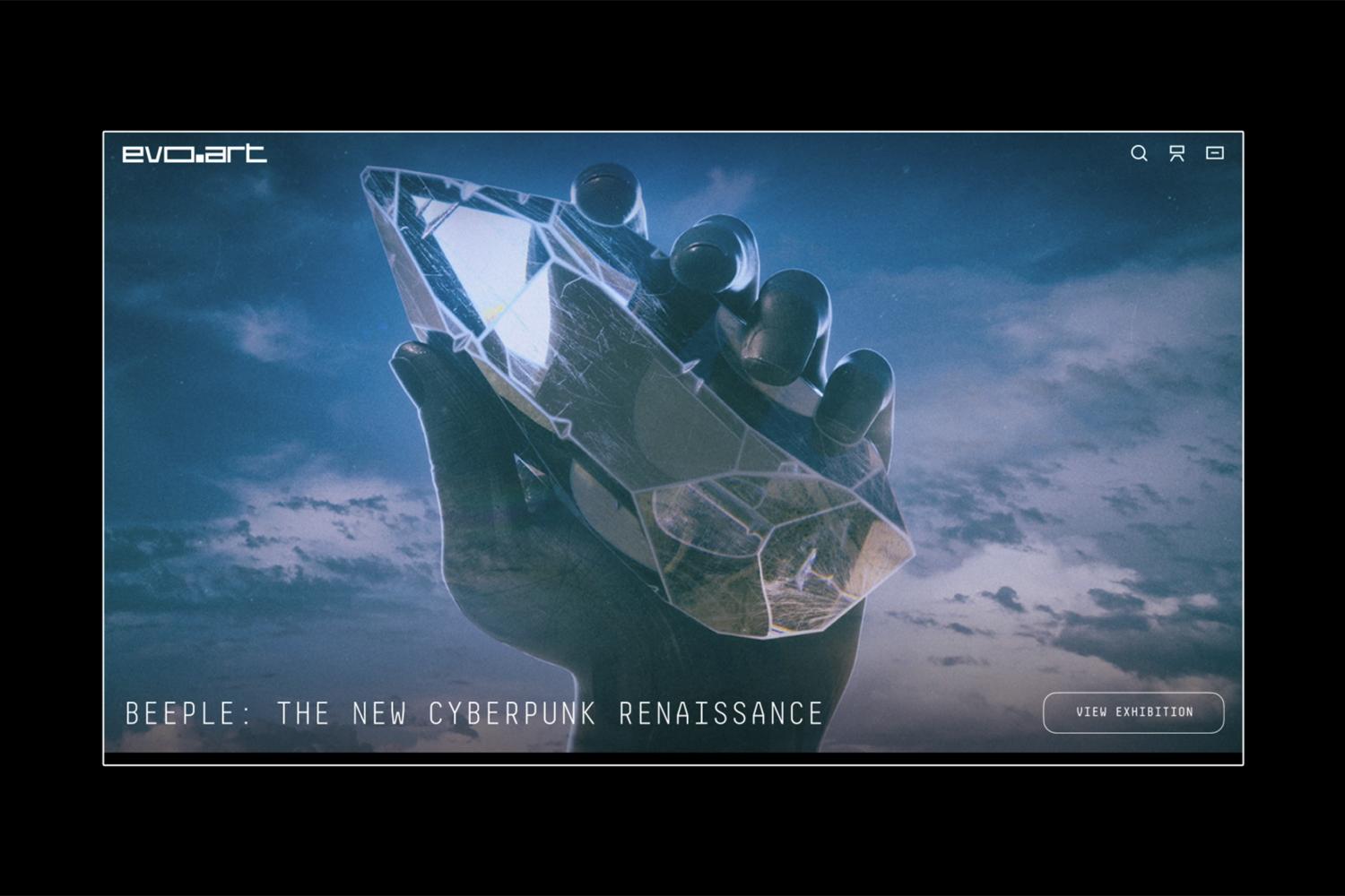 evo.art homepage hero for the exhibition Beeple: The New Cyberpunk Renaissance