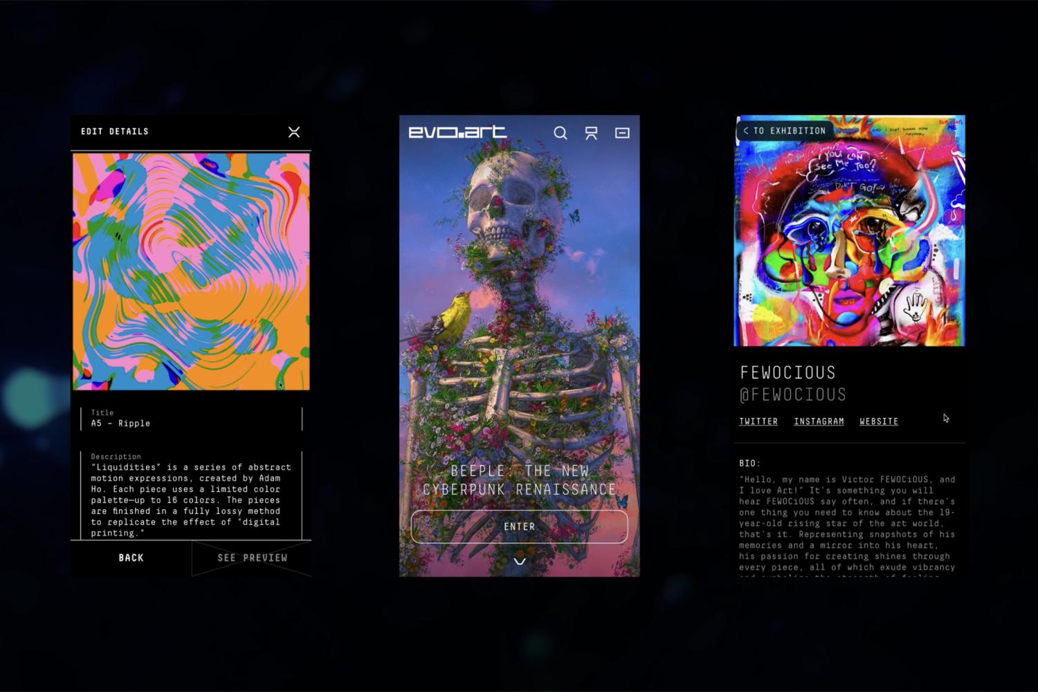 Three evo.art app screens: artwork details, the Beeple exhibition entry and the FEWOCiOUS artist profile