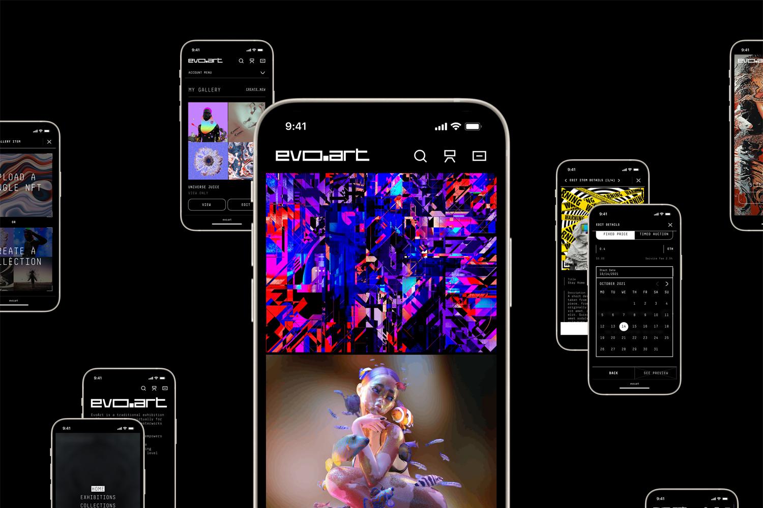 Wide layout of multiple EvoArt mobile app screens around a central phone