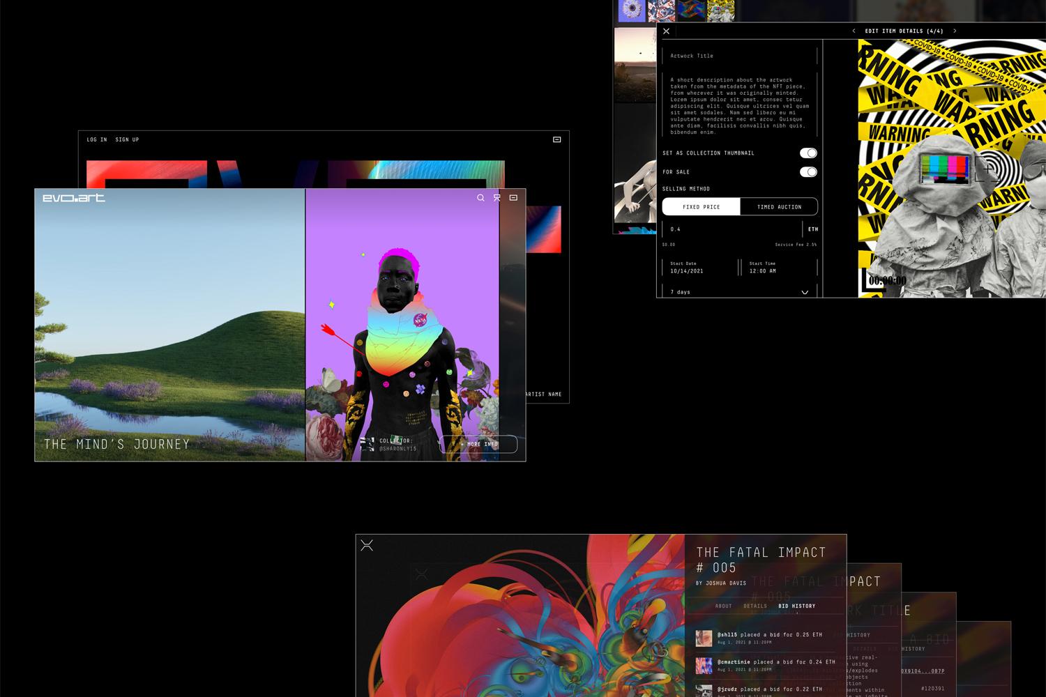 Overlapping EvoArt interface windows featuring digital art previews and sale panels