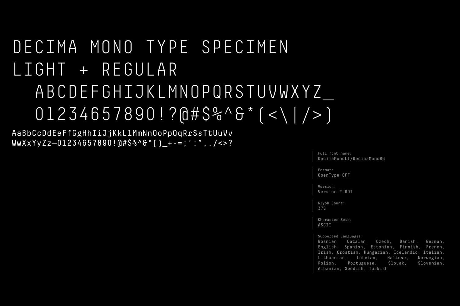 Wide Decima Mono type specimen layout on a black background