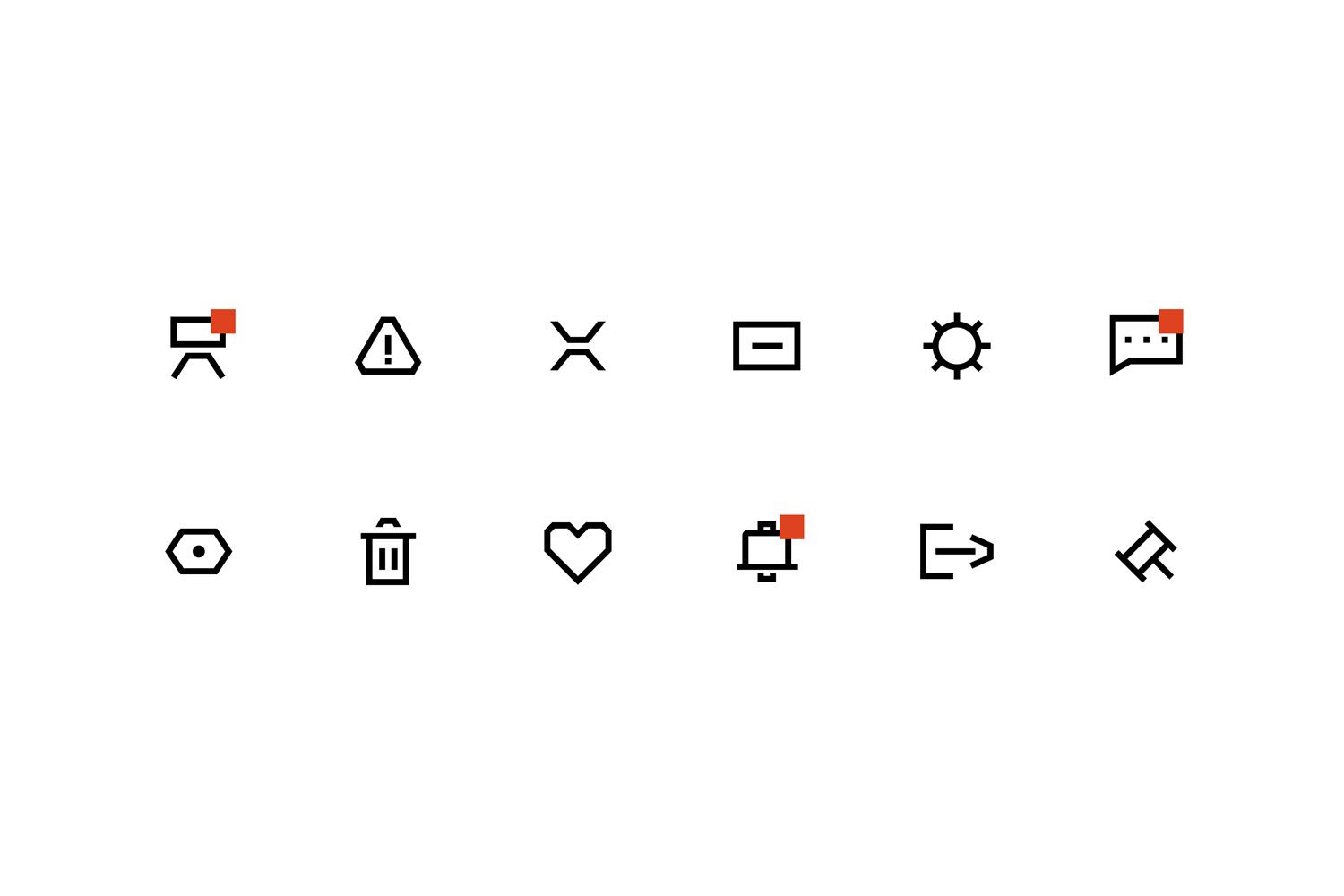 Two rows of black interface icons with small red notification accents